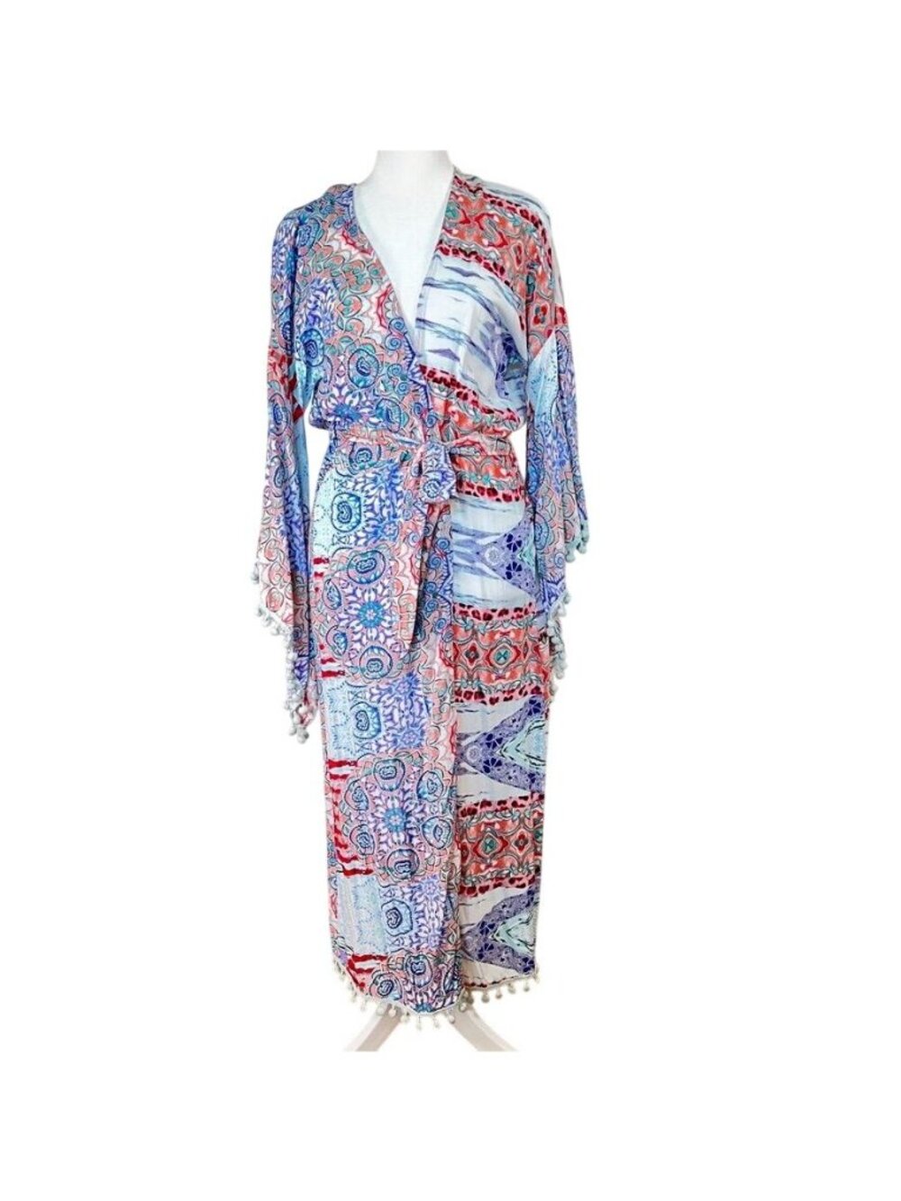 Jaase Womens Sz L Boho Patchwork Maxi Kimono Robe Pom Pom Beach Cover Up - Picture 2 of 14